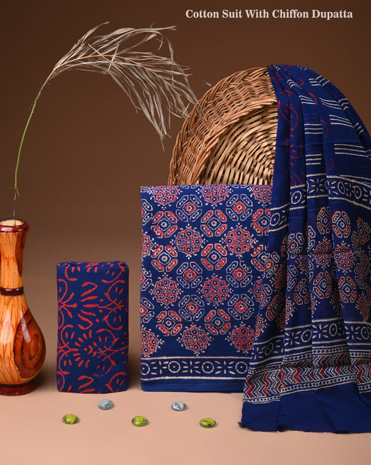 New Premium Hand Block Print Cotton Suit Set with Chiffon Dupatta(WACFCOTMU10)