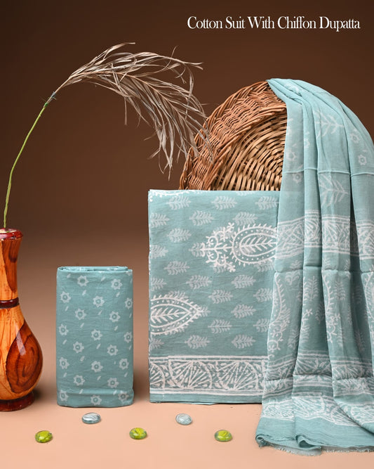 New Premium Hand Block Print Cotton Suit Set with Chiffon Dupatta(WACFCOTMU20)
