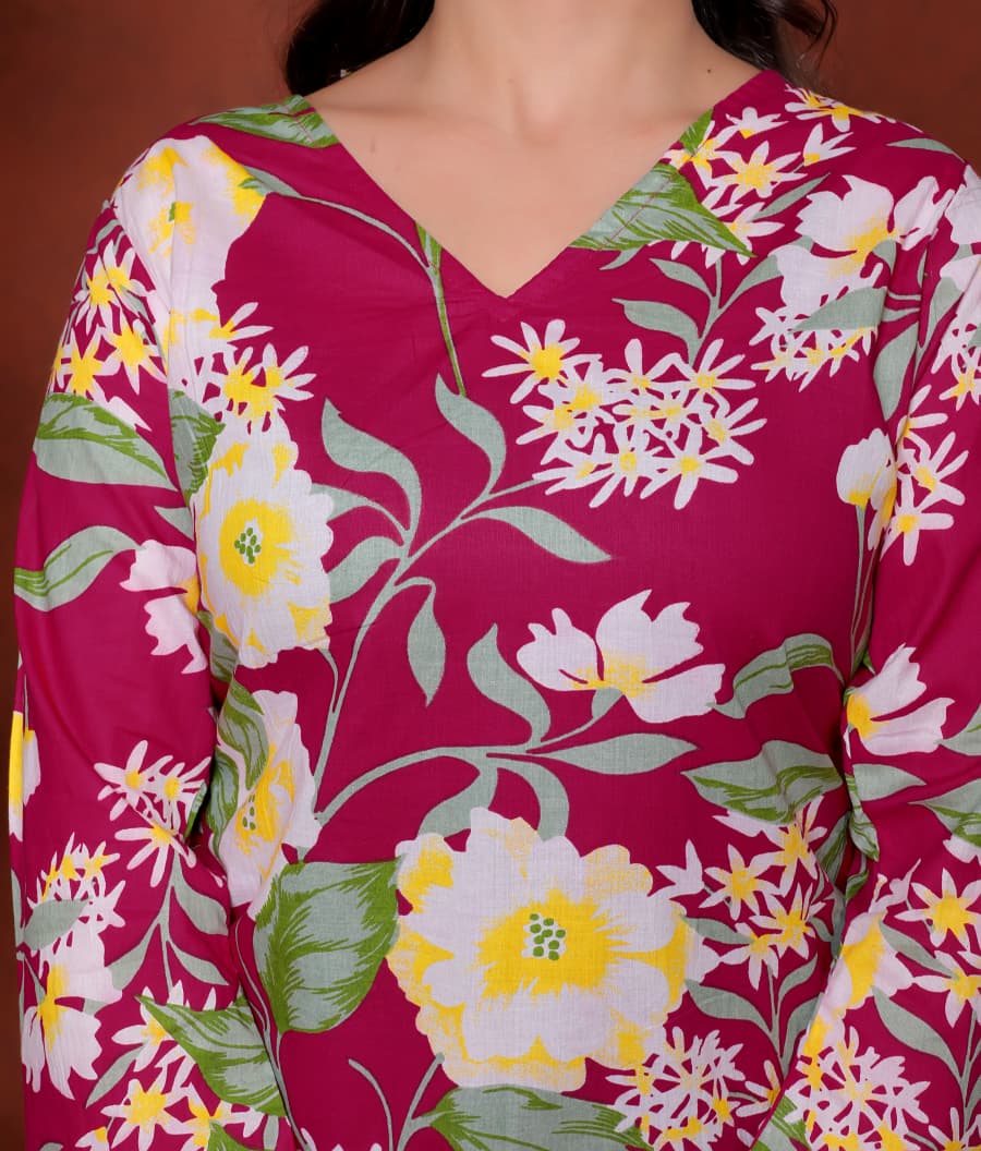 Elevate your ethnic wardrobe with this chic and vibrant fuchsia pink blue skay green  kurti. Featuring a striking white lily print, this piece is designed for the modern woman who loves a mix of classic charm and edgy details.(RRRD40