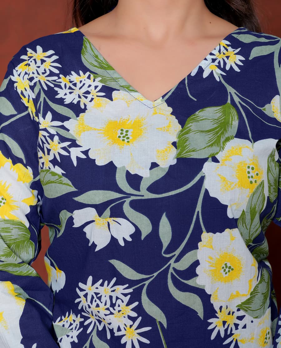 Elevate your ethnic wardrobe with this chic and vibrant fuchsia pink blue skay green  kurti. Featuring a striking white lily print, this piece is designed for the modern woman who loves a mix of classic charm and edgy details.(RRRD40