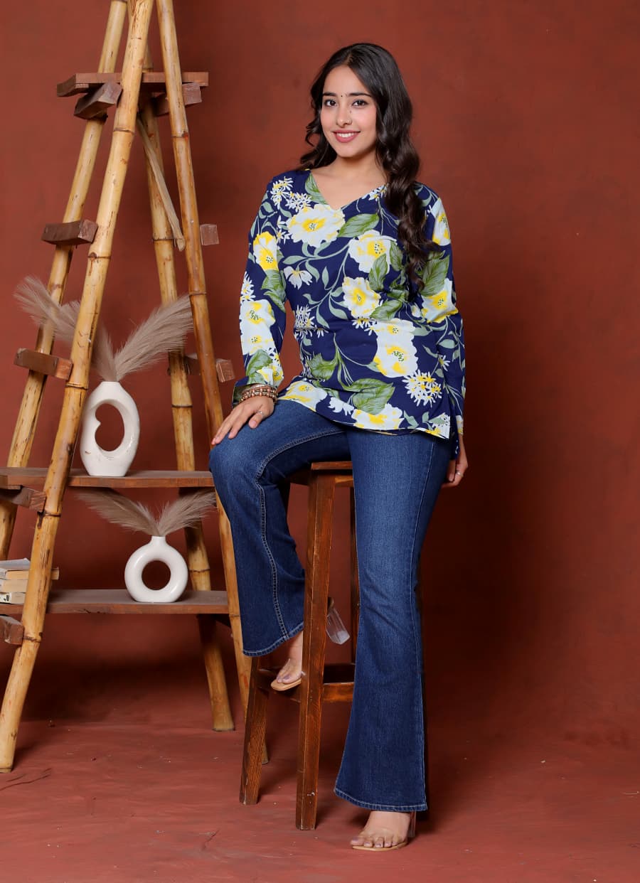 Elevate your ethnic wardrobe with this chic and vibrant fuchsia pink blue skay green  kurti. Featuring a striking white lily print, this piece is designed for the modern woman who loves a mix of classic charm and edgy details.(RRRD40