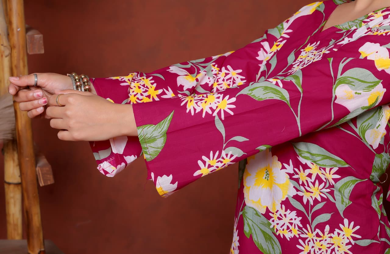 Elevate your ethnic wardrobe with this chic and vibrant fuchsia pink blue skay green  kurti. Featuring a striking white lily print, this piece is designed for the modern woman who loves a mix of classic charm and edgy details.(RRRD40