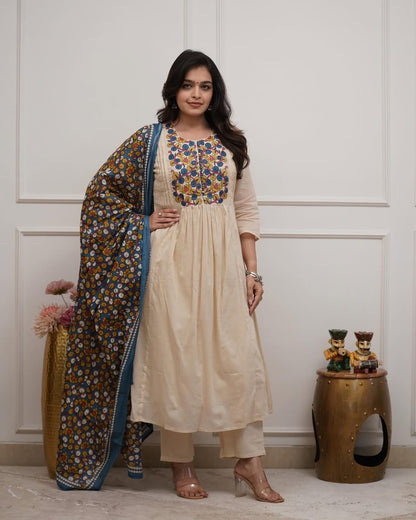 Designer Cream Anarkali Suit with Vibrant Floral Dupatta(RD43)