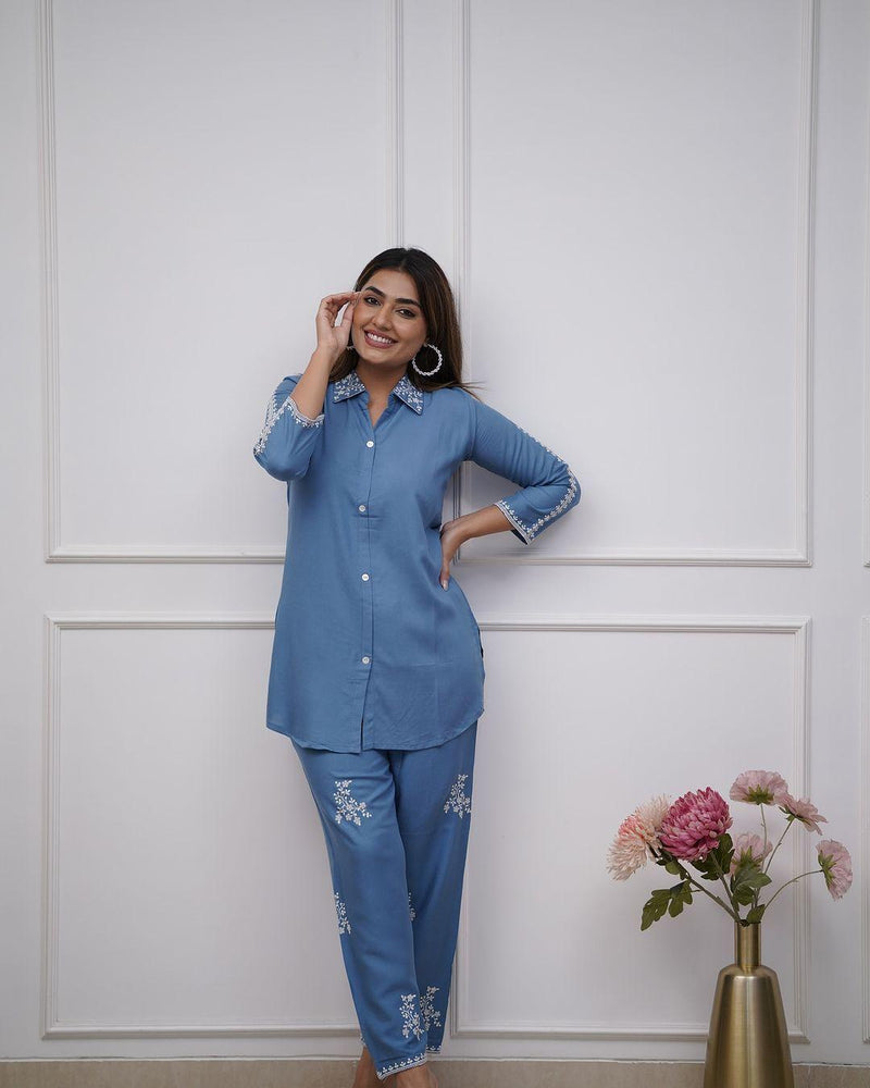 Look stylish and trendy walk in comfort with our new co-rd set with beautiful embroidery detailing