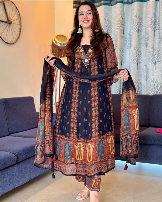 Beautiful pure premium chiffon digital printed Anarkali set with handwork on neck it has attached lining paired up with santoon slik pant and Organza digital printed dupatta sets(WARED18)