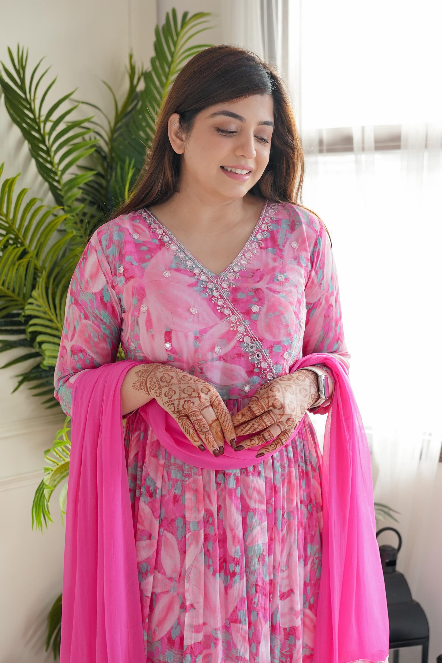 😍😍.*Pink Floral Angrakha Alia Cut Suit Set With Lining Is An Inner Layer Of Fabric*😍😍