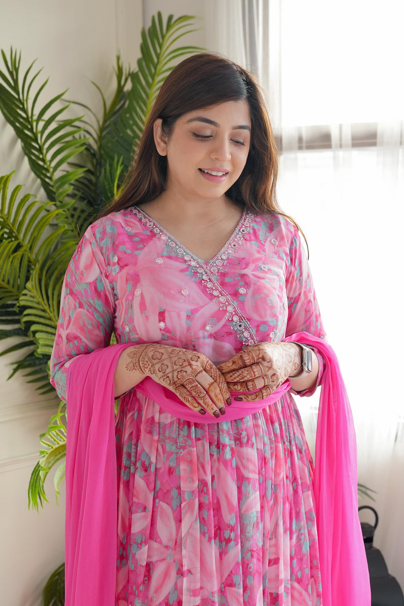 😍😍.*Pink Floral Angrakha Alia Cut Suit Set With Lining Is An Inner Layer Of Fabric*😍😍