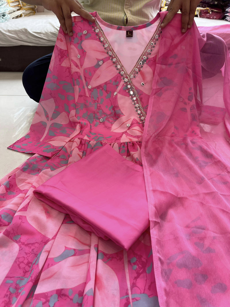 😍😍.*Pink Floral Angrakha Alia Cut Suit Set With Lining Is An Inner Layer Of Fabric*😍😍