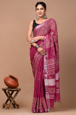 Hand Block Printed Linen Saree With Unstitched Blouse (SWSRLIL02)