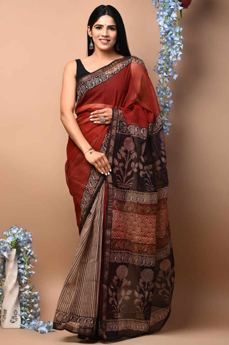 Copy of Exclusive hand Block Printed Kota Doria Saree (SWSRKO24)