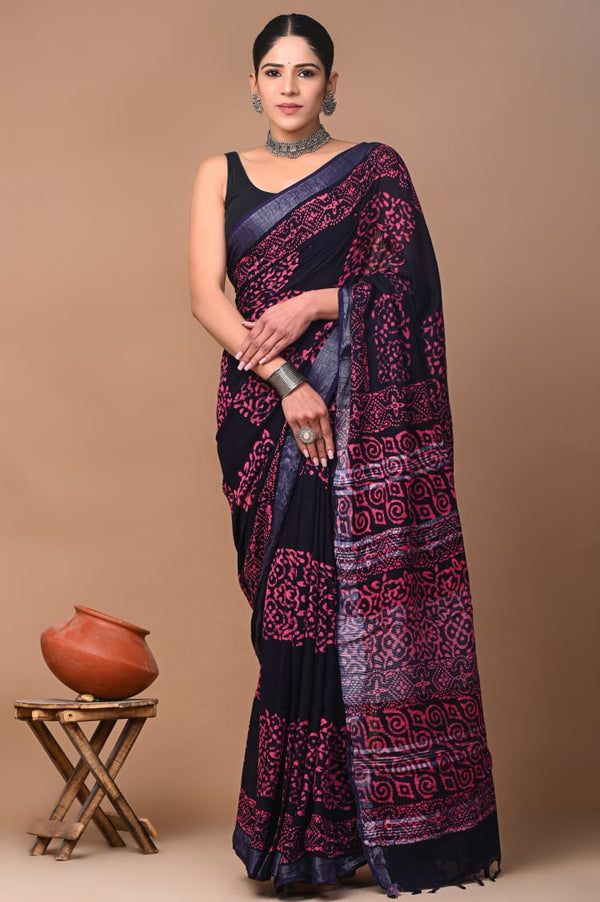 Hand Block Printed Linen Saree With Unstitched Blouse (SWSRLIL12)