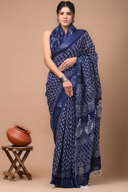 Hand Block Printed Linen Saree With Unstitched Blouse (SWSRLIL14)