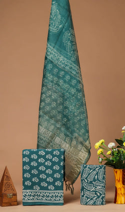 BLOCK PRINT COTTON SUIT SET WITH ORGANZA DUPATTA  (SWORG33)