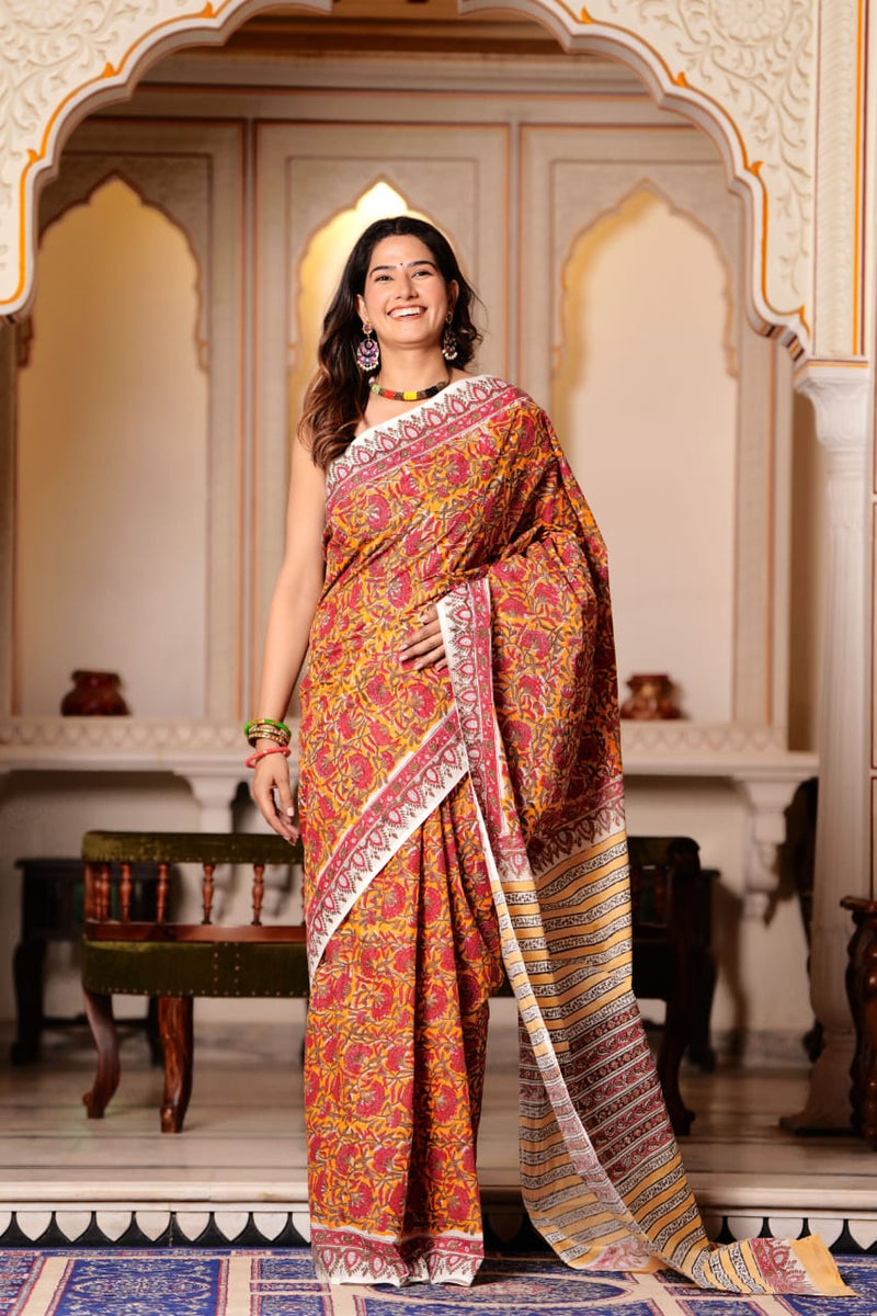 Traditional Authentic Hand Block Printed Pure Organic Cotton Sarees With matching Blouse.