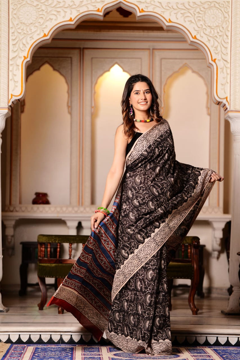 Traditional Authentic Hand Block Printed Pure Organic Cotton Sarees With matching Blouse.