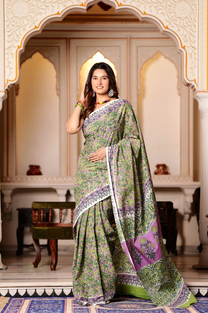 Traditional Authentic Hand Block Printed Pure Organic Cotton Sarees With matching Blouse.