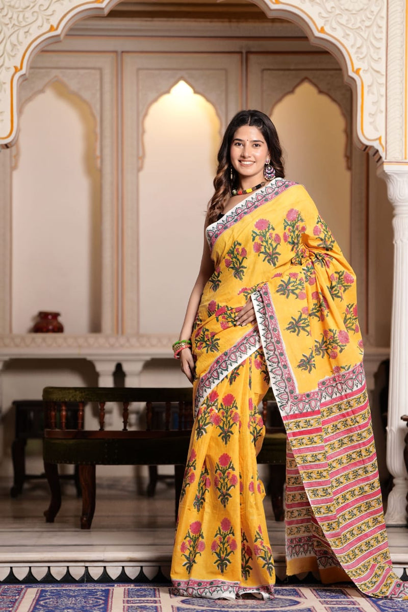 Traditional Authentic Hand Block Printed Pure Organic Cotton Sarees With matching Blouse.