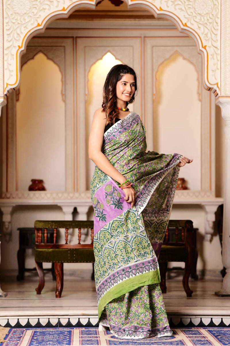 Traditional Authentic Hand Block Printed Pure Organic Cotton Sarees With matching Blouse.