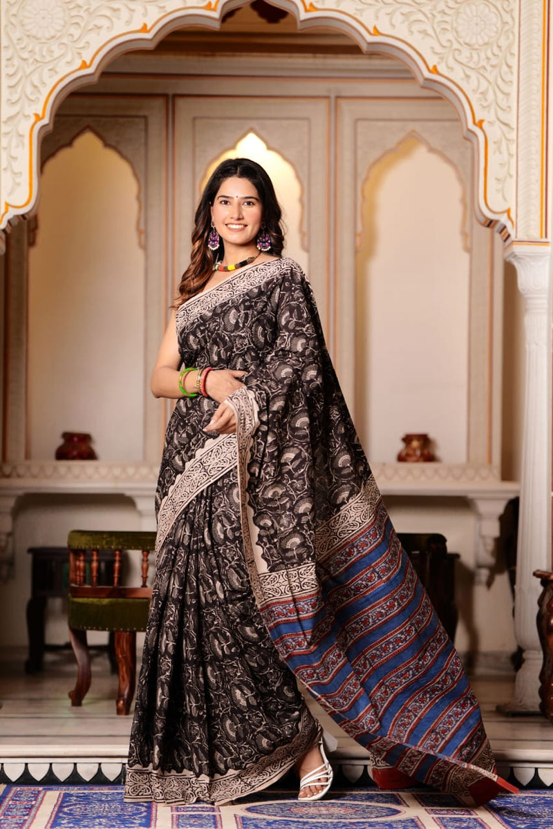 Traditional Authentic Hand Block Printed Pure Organic Cotton Sarees With matching Blouse.