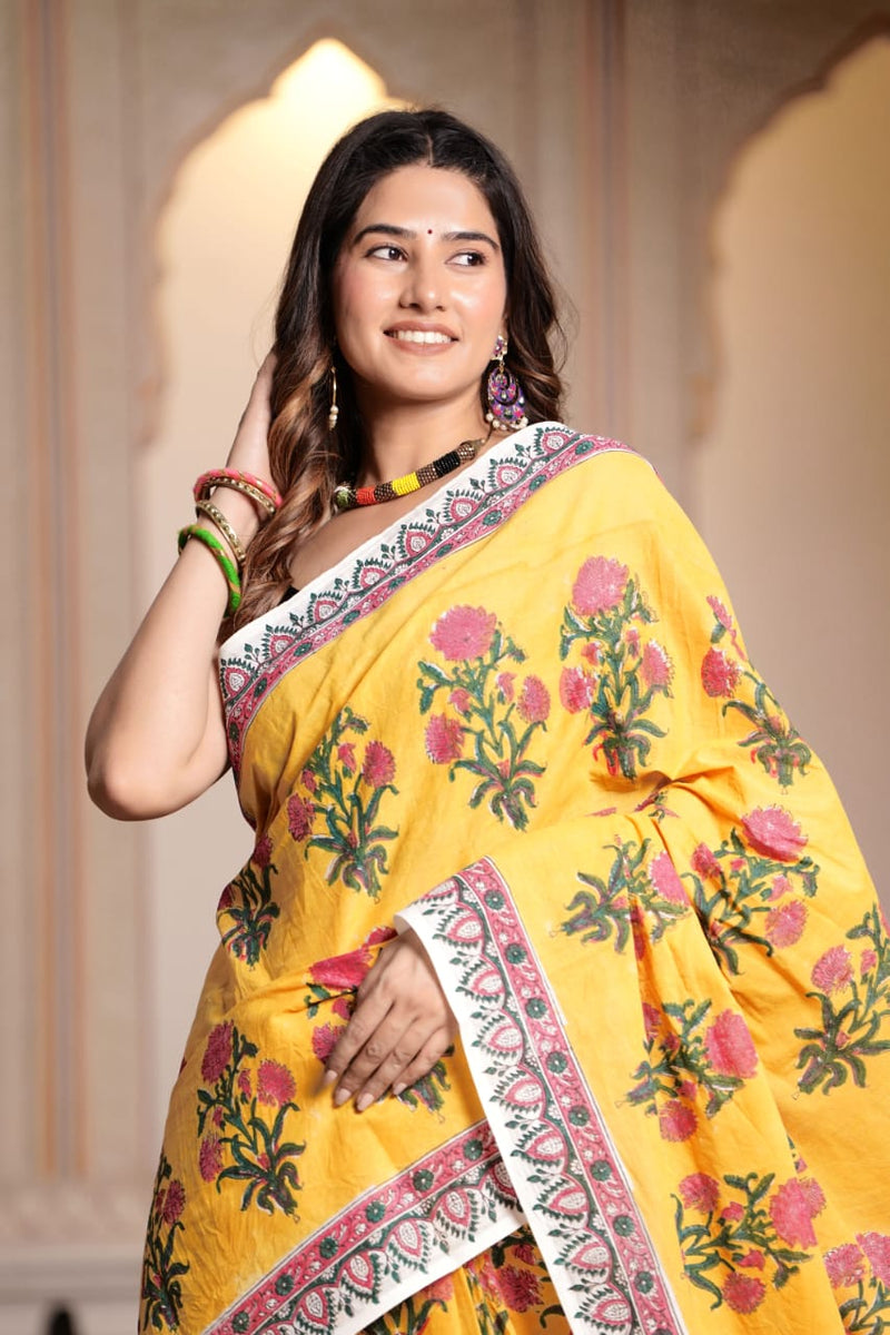 Traditional Authentic Hand Block Printed Pure Organic Cotton Sarees With matching Blouse.