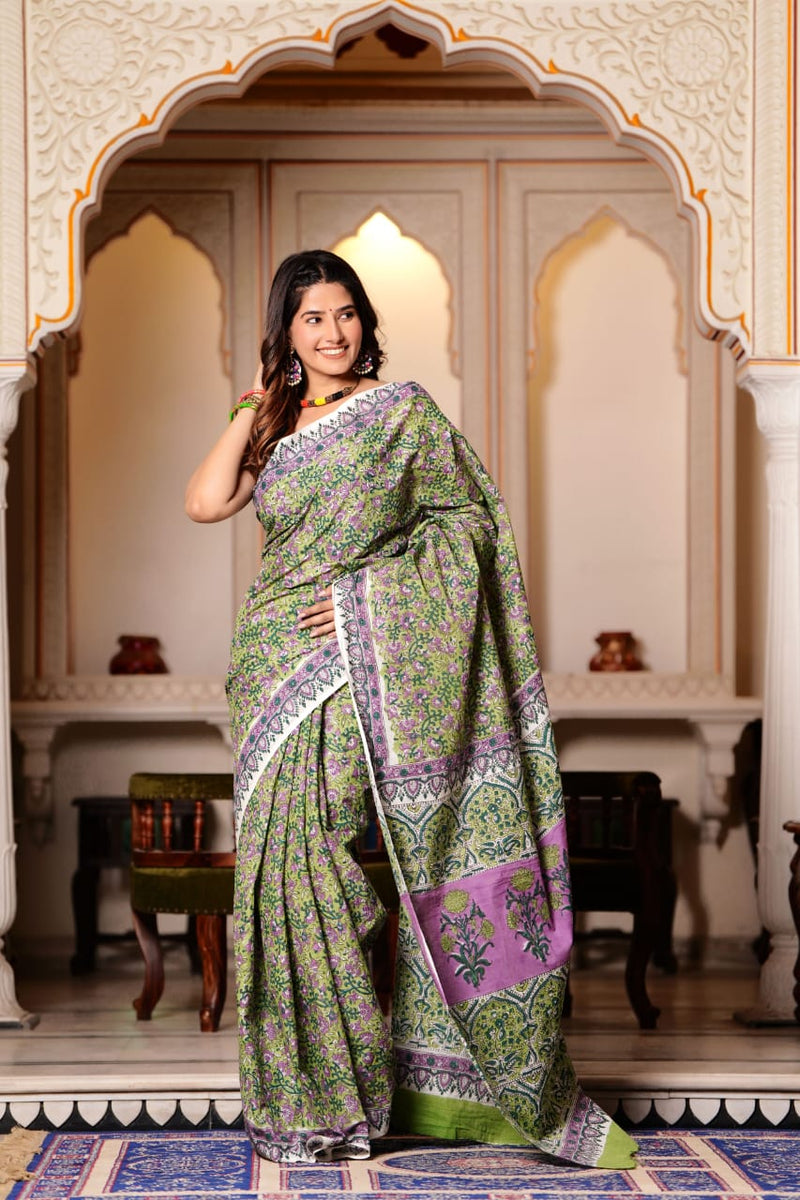 Traditional Authentic Hand Block Printed Pure Organic Cotton Sarees With matching Blouse.