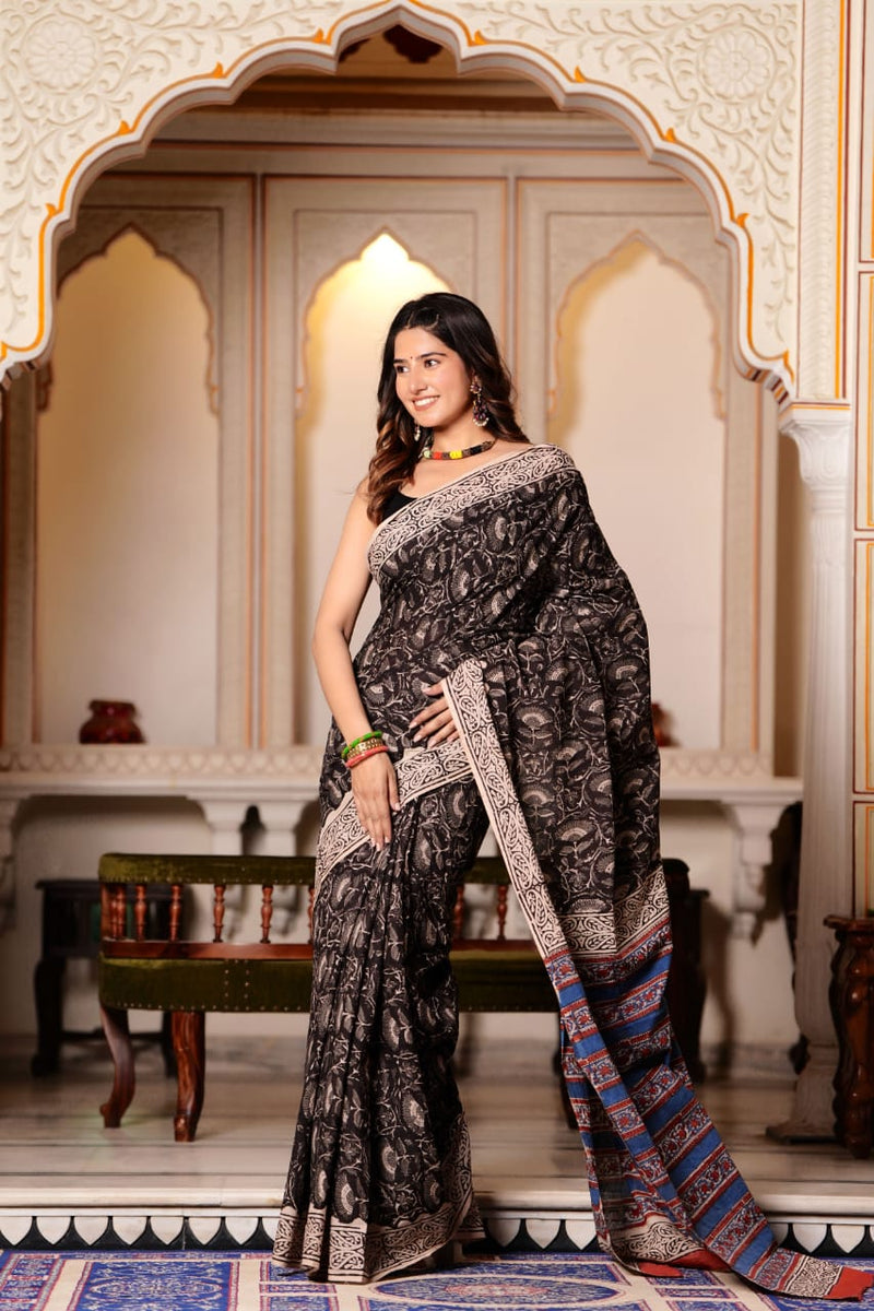 Traditional Authentic Hand Block Printed Pure Organic Cotton Sarees With matching Blouse.