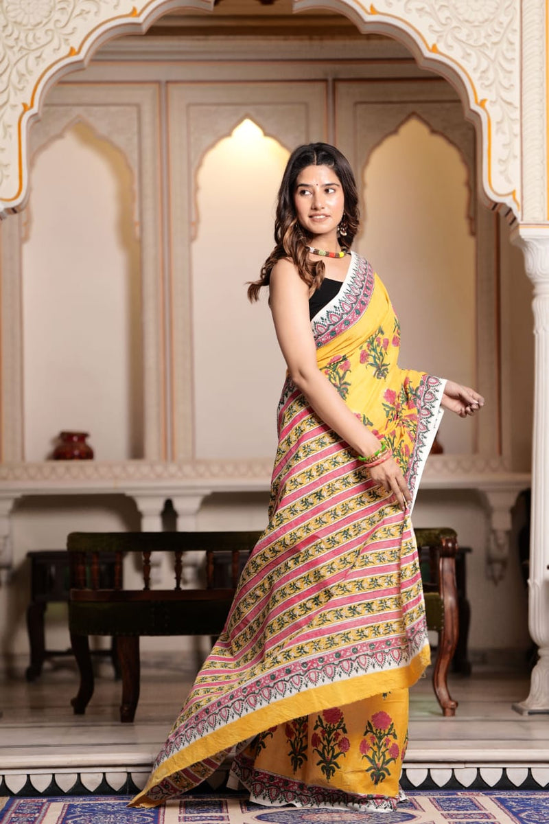 Traditional Authentic Hand Block Printed Pure Organic Cotton Sarees With matching Blouse.