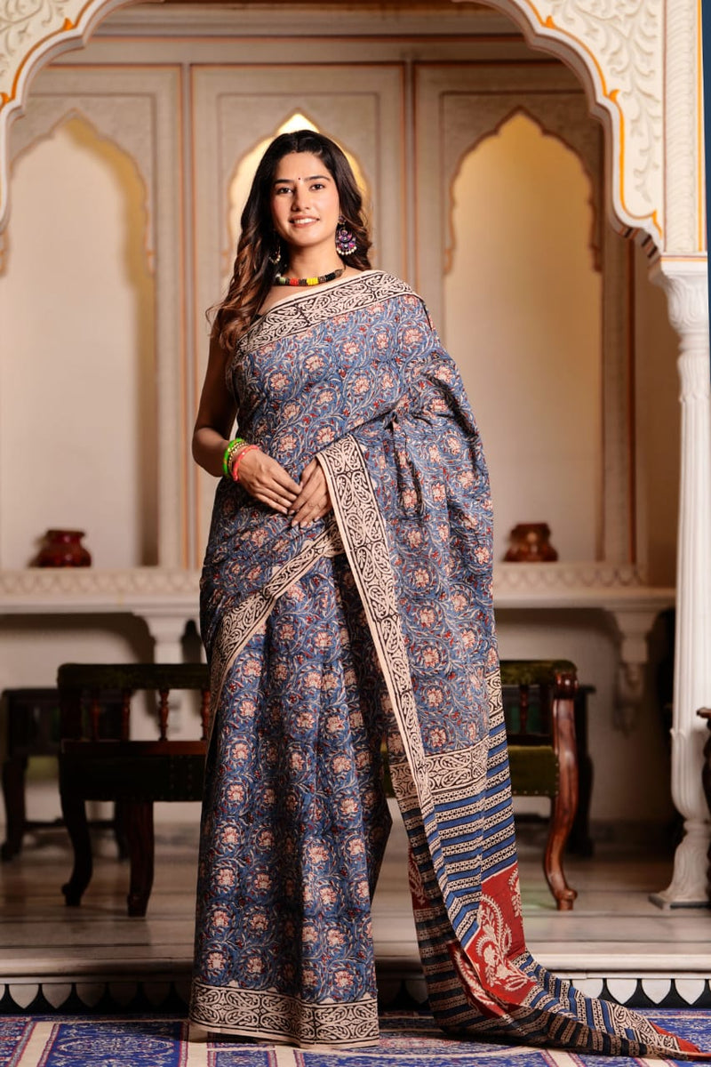 Traditional Authentic Hand Block Printed Pure Organic Cotton Sarees With matching Blouse.