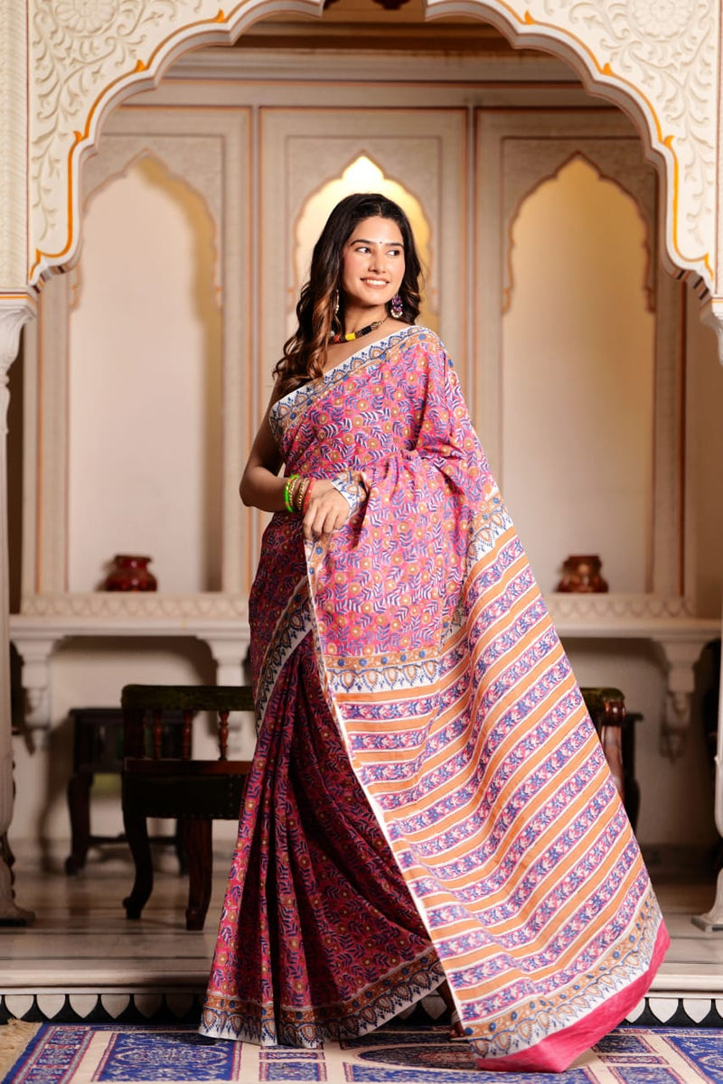 Traditional Authentic Hand Block Printed Pure Organic Cotton Sarees With matching Blouse.