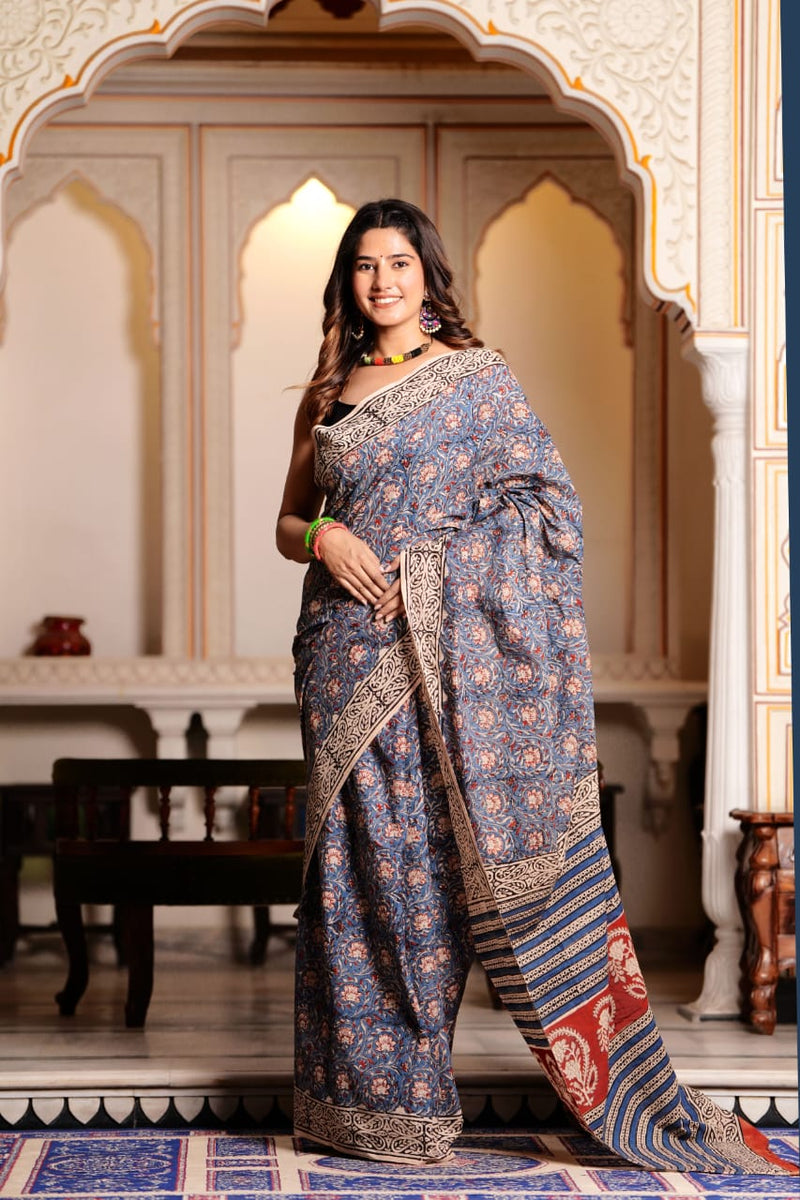 Traditional Authentic Hand Block Printed Pure Organic Cotton Sarees With matching Blouse.