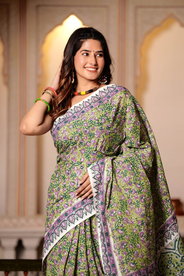 Traditional Authentic Hand Block Printed Pure Organic Cotton Sarees With matching Blouse.