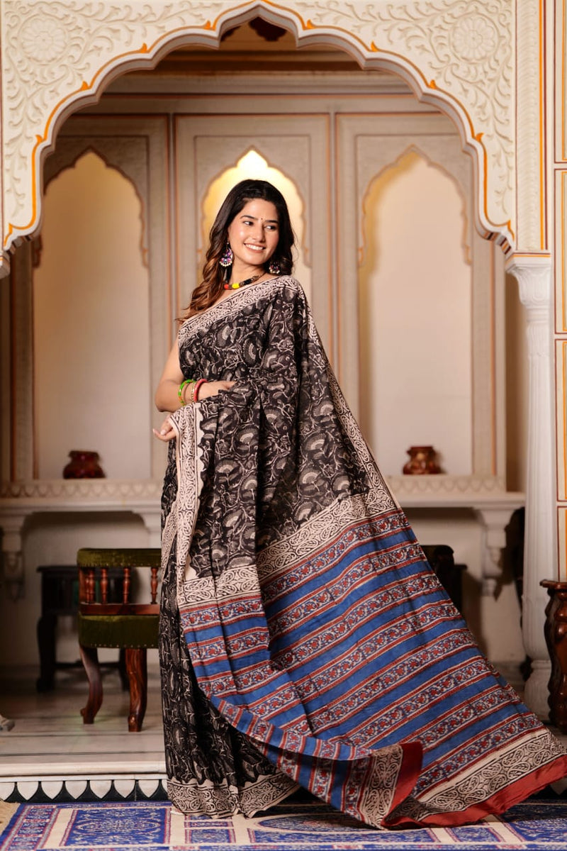 Traditional Authentic Hand Block Printed Pure Organic Cotton Sarees With matching Blouse.