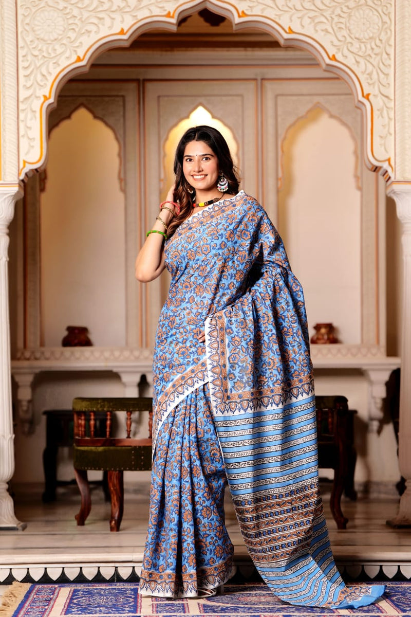 Traditional Authentic Hand Block Printed Pure Organic Cotton Sarees With matching Blouse.