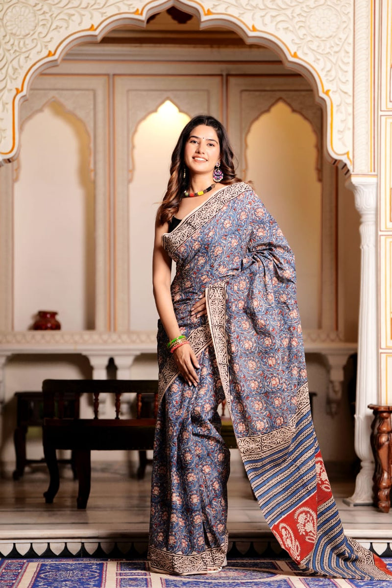 Traditional Authentic Hand Block Printed Pure Organic Cotton Sarees With matching Blouse.