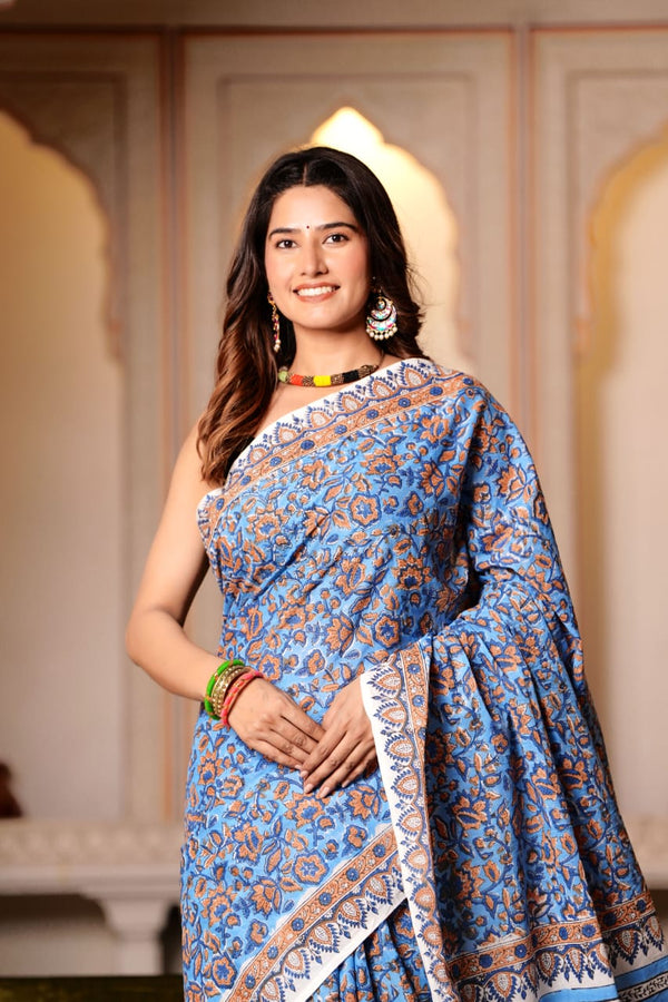 Traditional Authentic Hand Block Printed Pure Organic Cotton Sarees With matching Blouse.