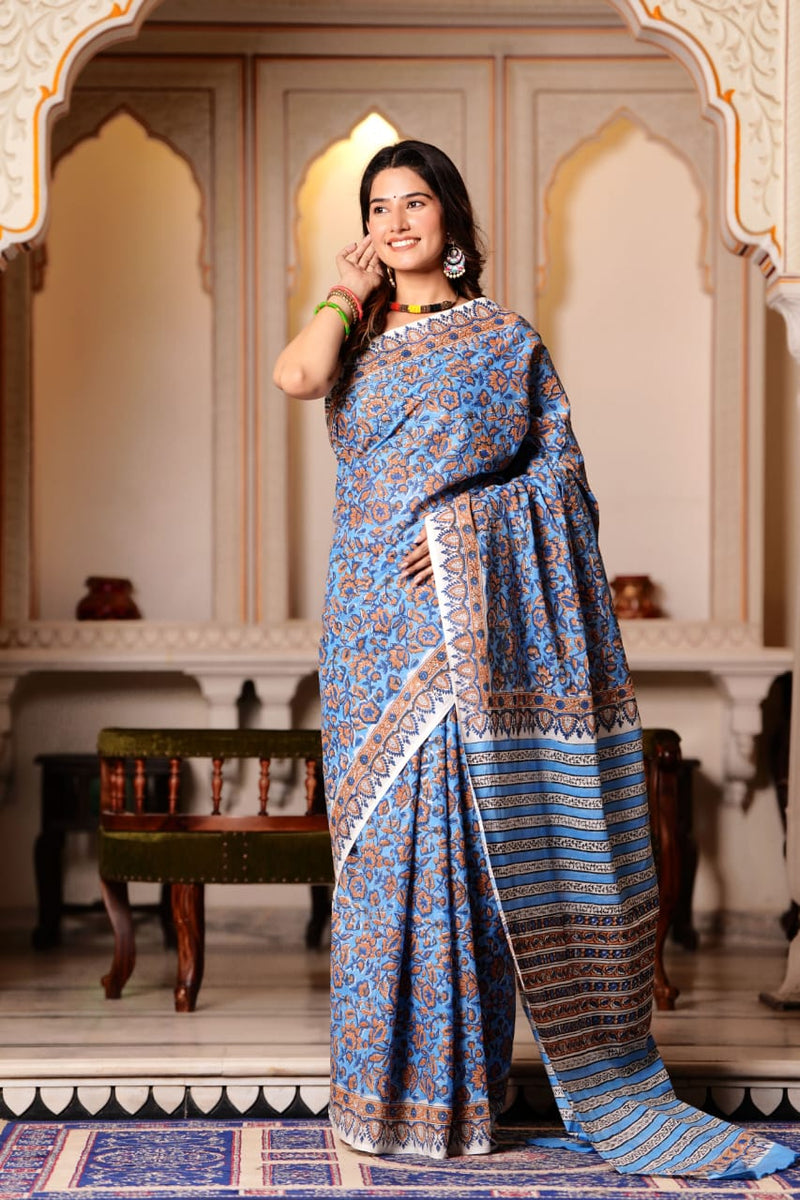 Traditional Authentic Hand Block Printed Pure Organic Cotton Sarees With matching Blouse.