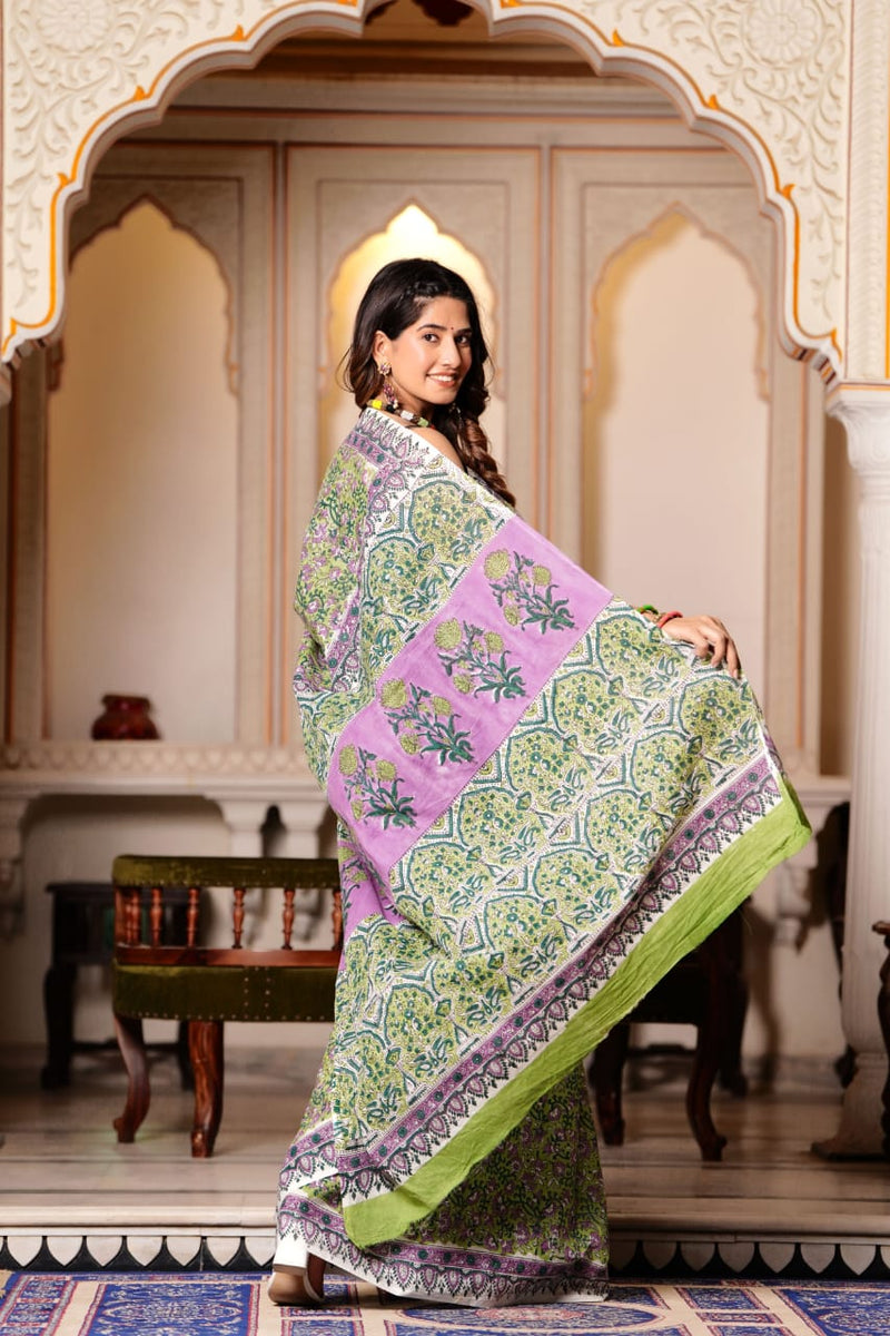 Traditional Authentic Hand Block Printed Pure Organic Cotton Sarees With matching Blouse.