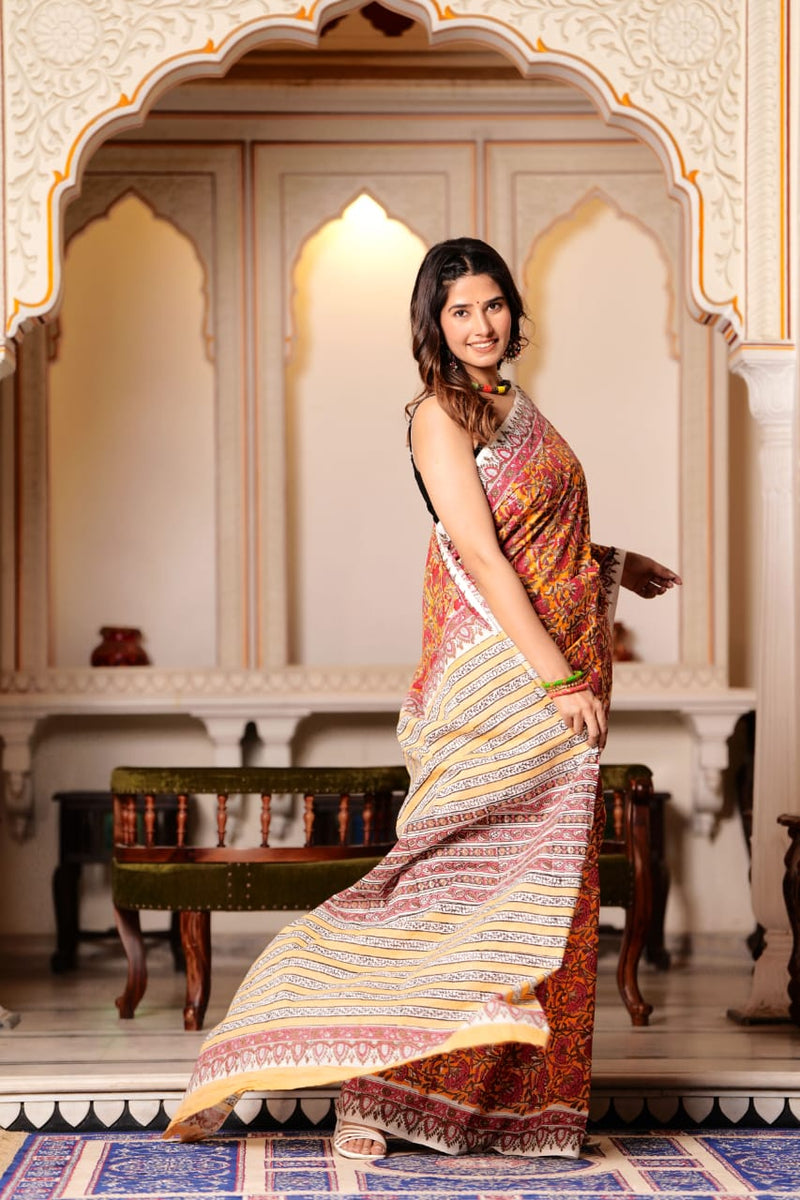 Traditional Authentic Hand Block Printed Pure Organic Cotton Sarees With matching Blouse.