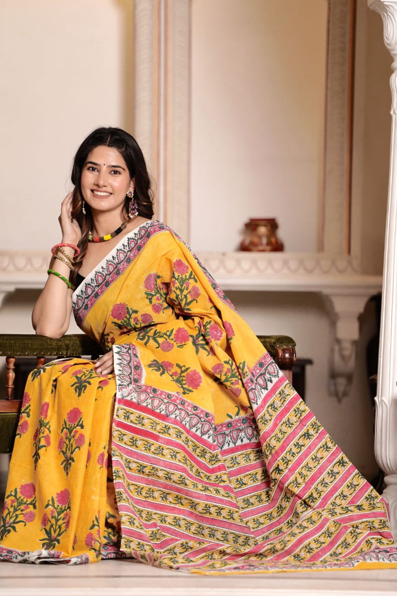 Traditional Authentic Hand Block Printed Pure Organic Cotton Sarees With matching Blouse.