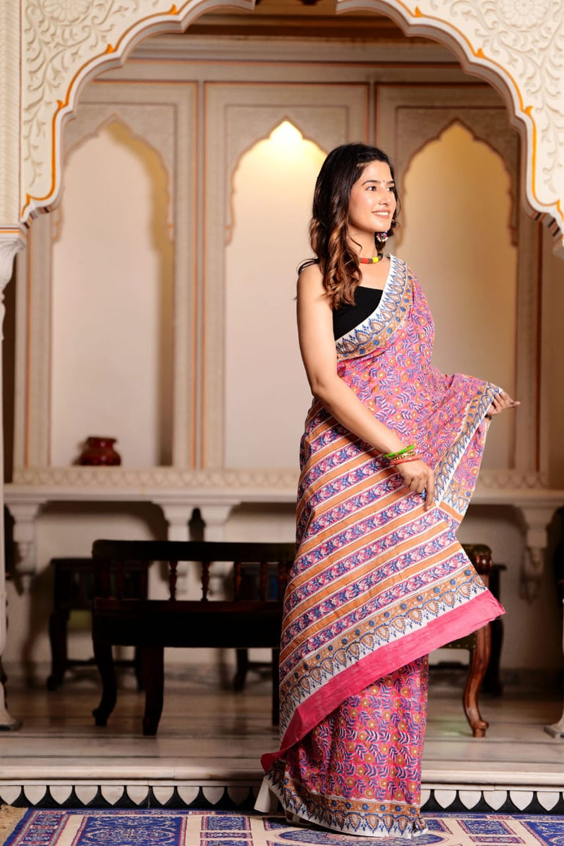 Traditional Authentic Hand Block Printed Pure Organic Cotton Sarees With matching Blouse.