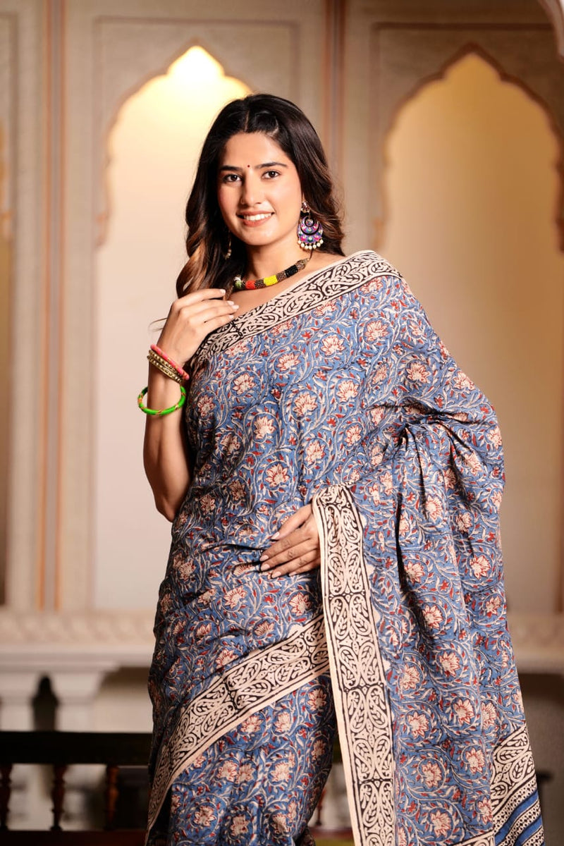 Traditional Authentic Hand Block Printed Pure Organic Cotton Sarees With matching Blouse.