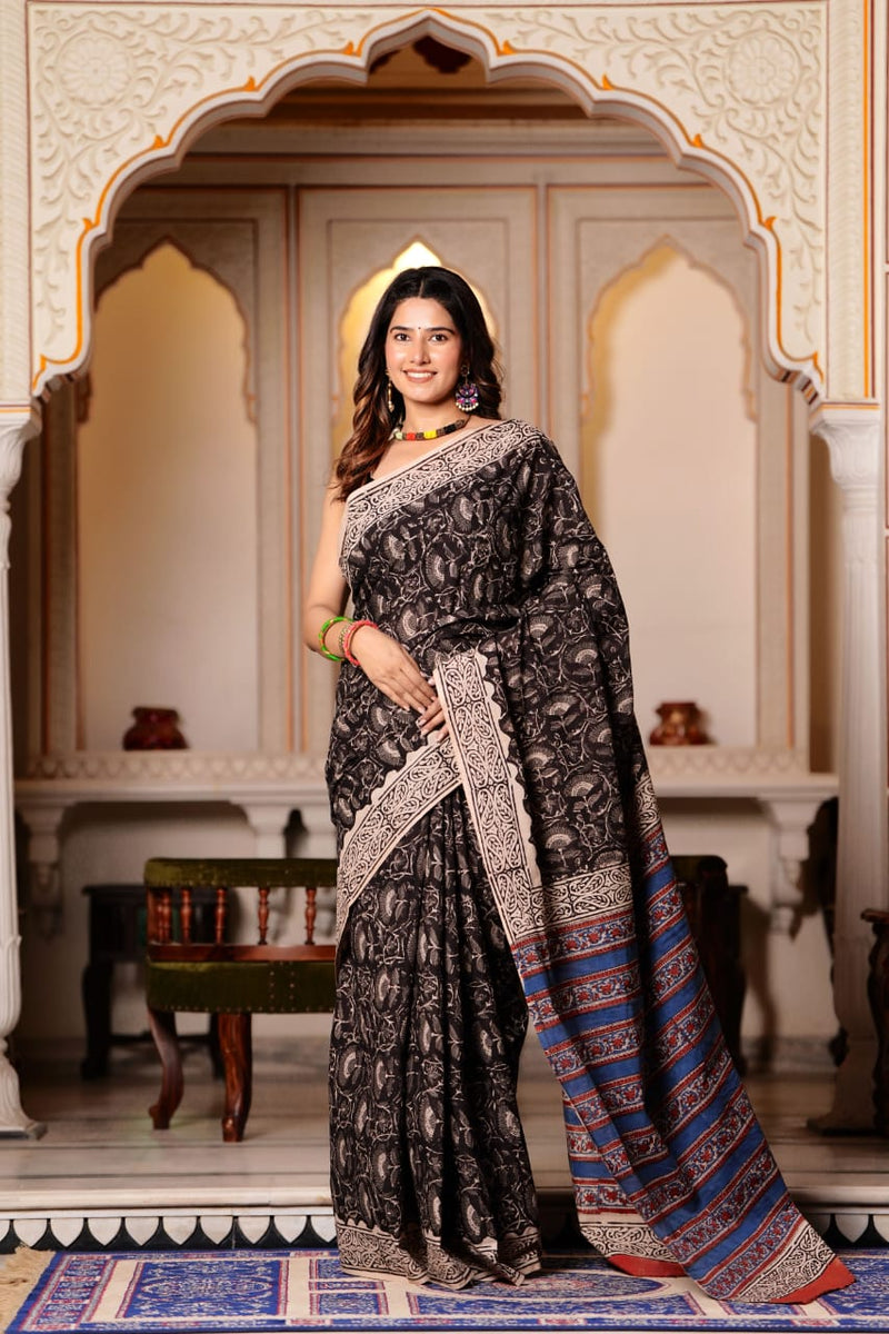 Traditional Authentic Hand Block Printed Pure Organic Cotton Sarees With matching Blouse.