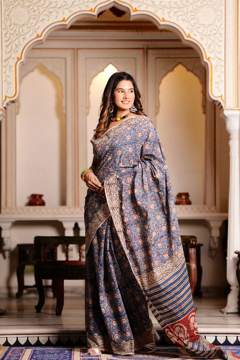 Traditional Authentic Hand Block Printed Pure Organic Cotton Sarees With matching Blouse.