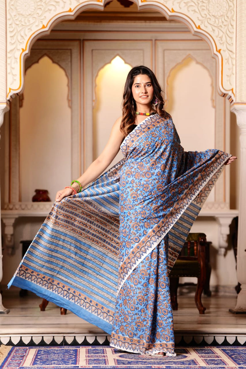 Traditional Authentic Hand Block Printed Pure Organic Cotton Sarees With matching Blouse.