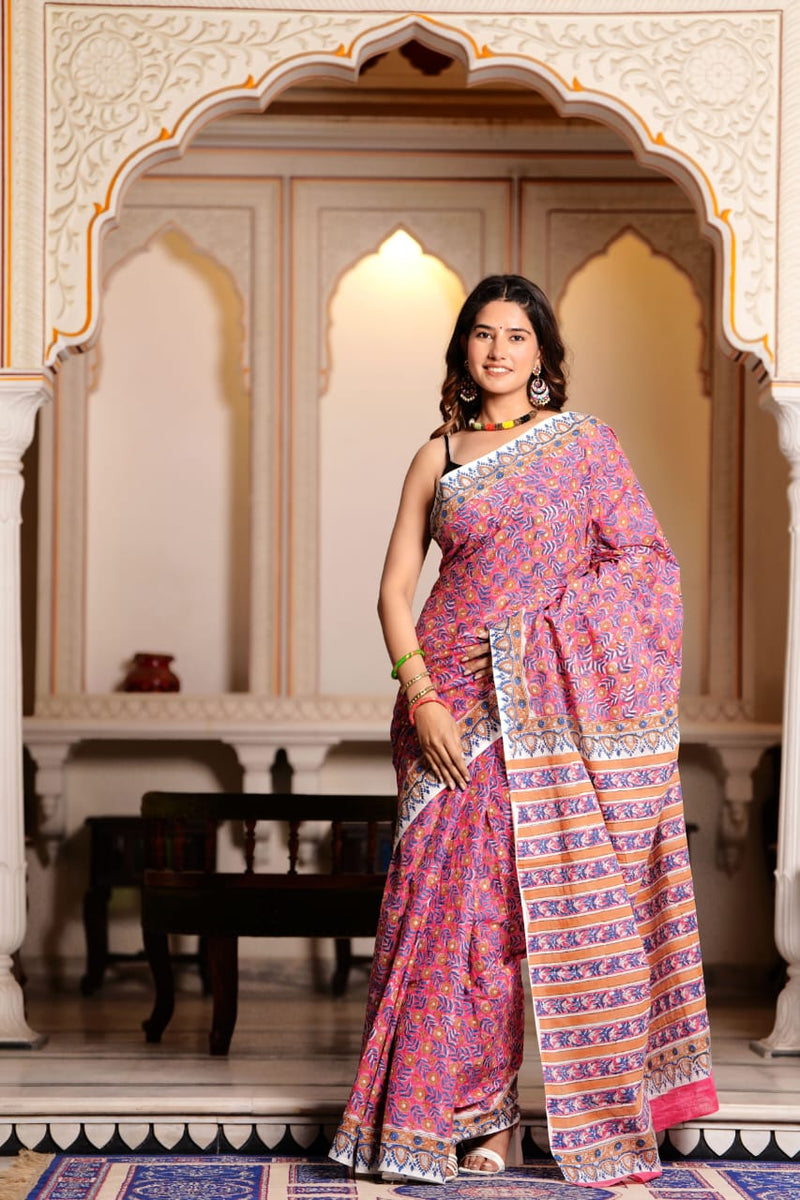 Traditional Authentic Hand Block Printed Pure Organic Cotton Sarees With matching Blouse.