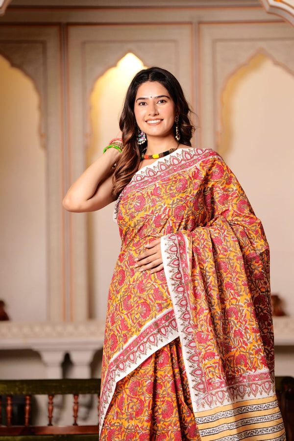 Traditional Authentic Hand Block Printed Pure Organic Cotton Sarees With matching Blouse.