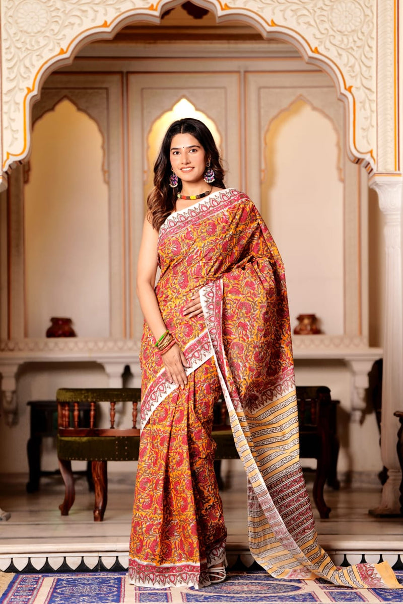 Traditional Authentic Hand Block Printed Pure Organic Cotton Sarees With matching Blouse.