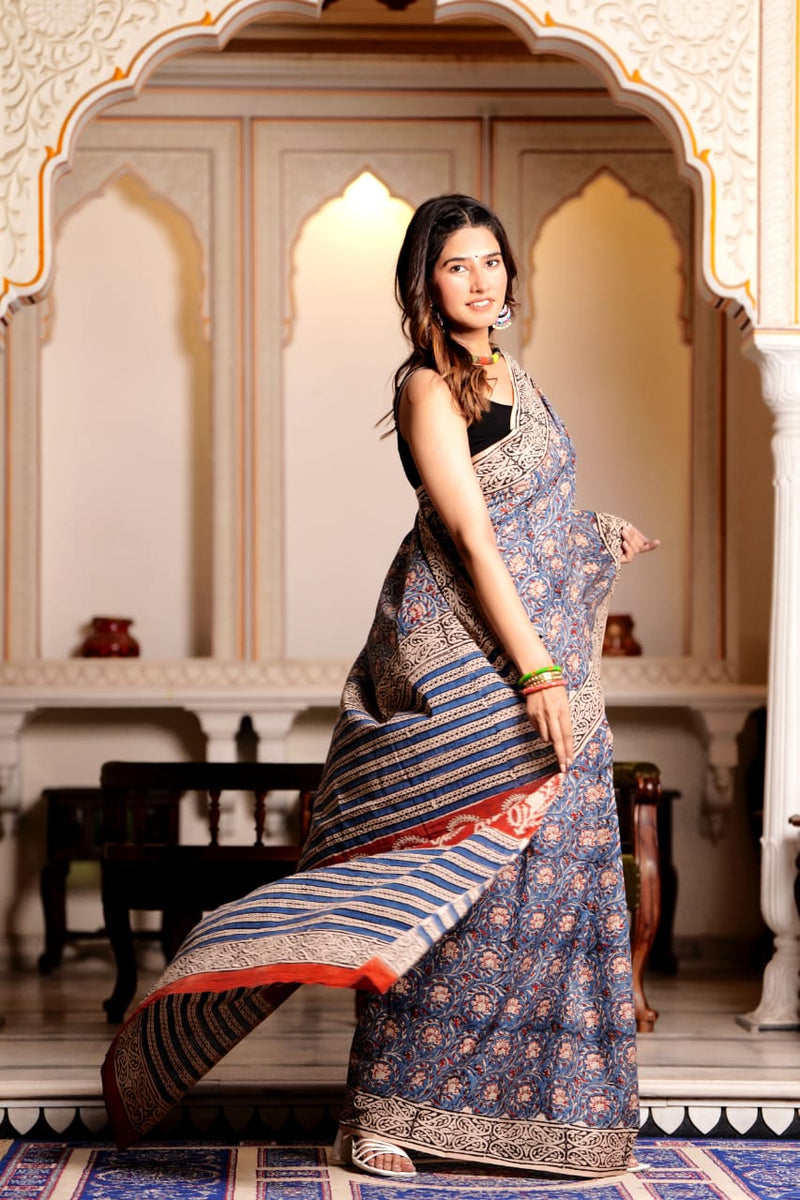 Traditional Authentic Hand Block Printed Pure Organic Cotton Sarees With matching Blouse.