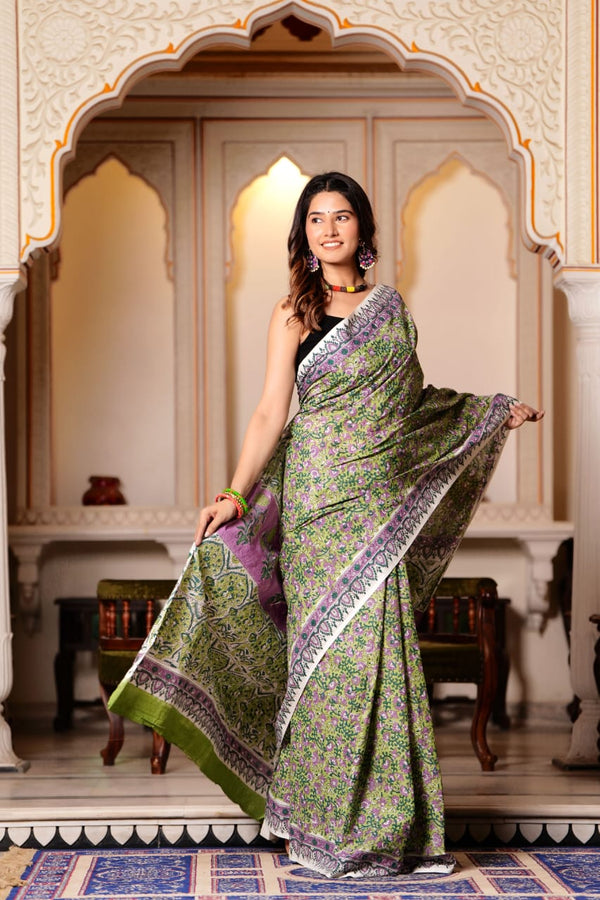 Traditional Authentic Hand Block Printed Pure Organic Cotton Sarees With matching Blouse.