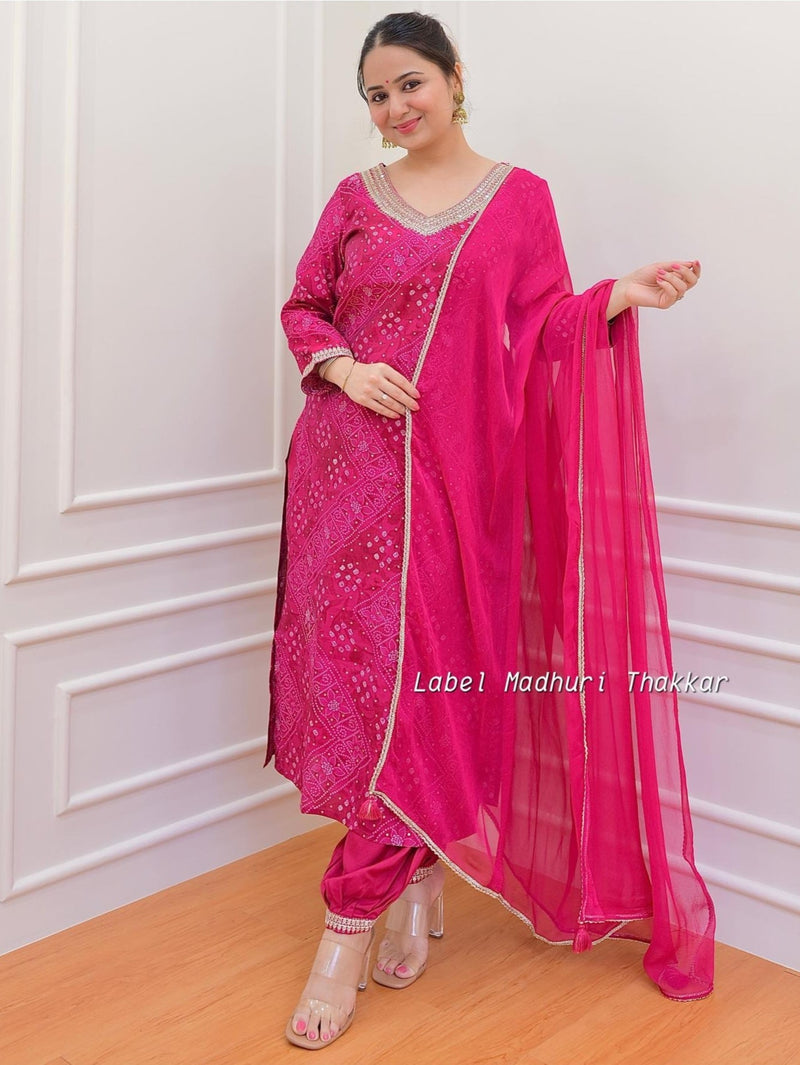 Featuring Beautiful Afghani Suit Set which is decorated with finest handwork and Bandhani prints.